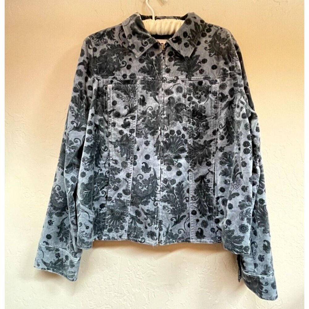Charter Club Womens Large Paisley Floral Velour Zip Front Jacket Gray/Black